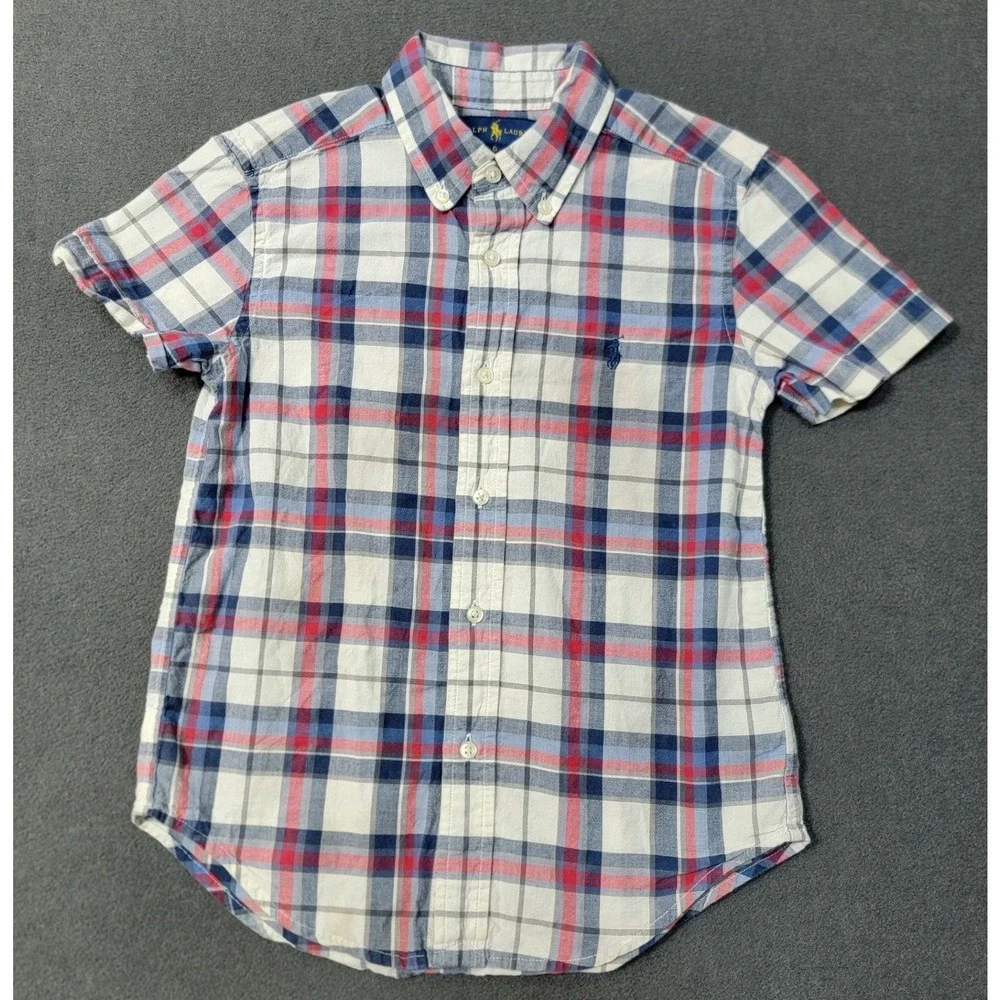EUC Ralph Lauren Boys Plaid Short Sleeve Button Down Shirt Size 6 Blue Red White